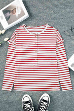 Striped Half Button Frill Trim Top - Ladyez