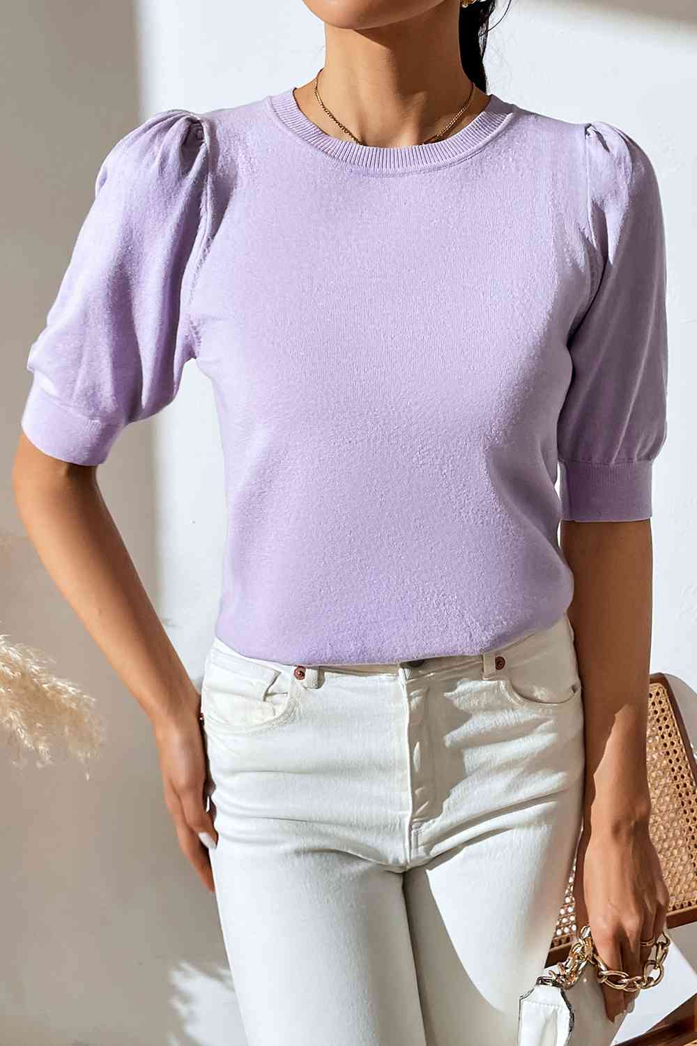 Round Neck Puff Sleeve Knit Top - Ladyez