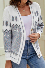 Printed V-Neck Buttoned Cardigan - Ladyez