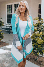 Striped Color Block Open Front Cardigan - Ladyez