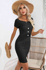Decorative Button Round Neck Short Sleeve Sweater Dress - Ladyez