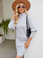 Turtle Neck Long Sleeve Ribbed Sweater Dress - Ladyez