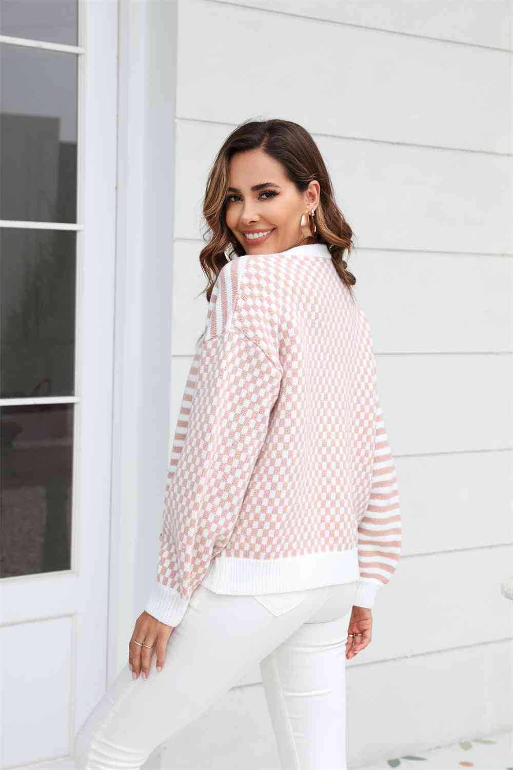 Button-Down Stripe & Plaid Contrast Pattern Cardigan - Ladyez
