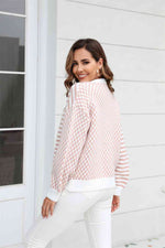 Button-Down Stripe & Plaid Contrast Pattern Cardigan - Ladyez