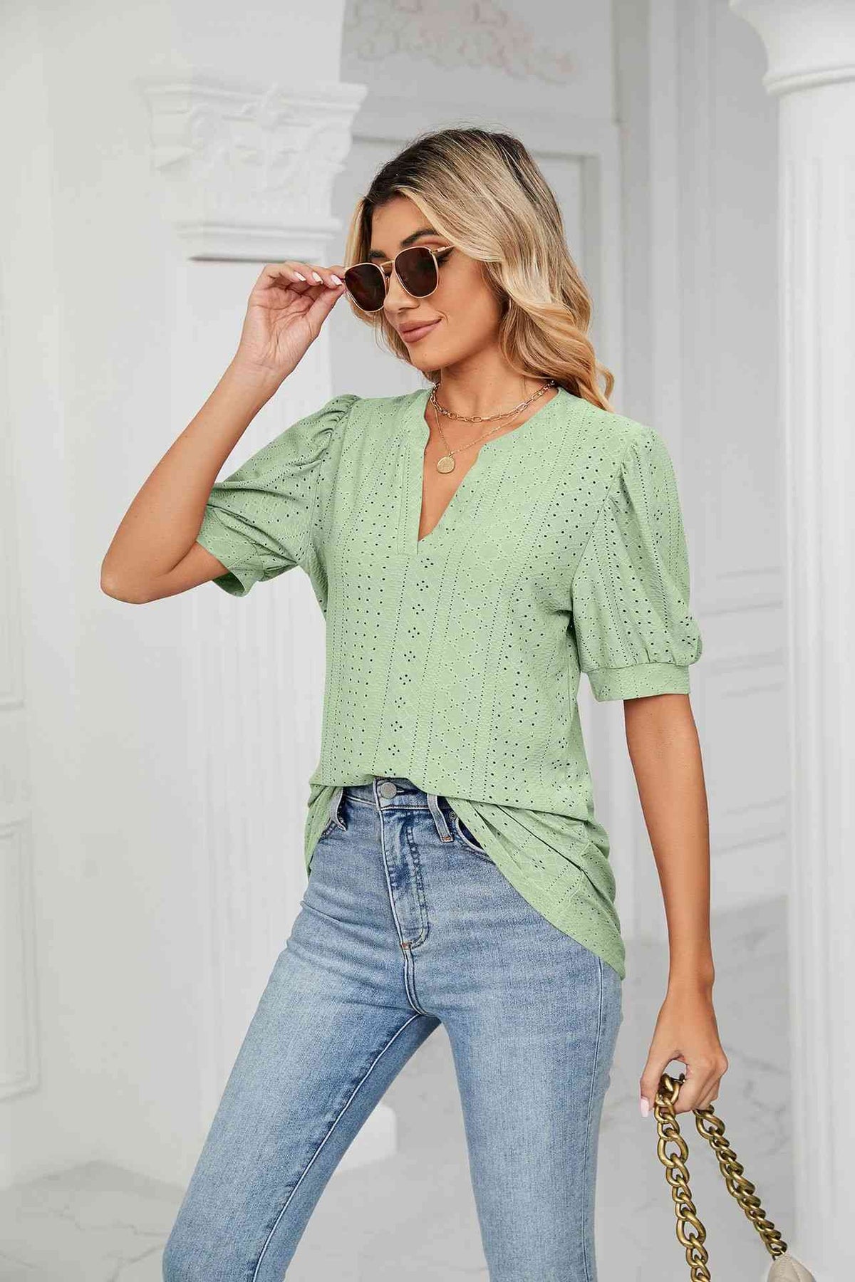 Eyelet Short Puff Sleeve Notched Neck Top - Ladyez