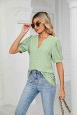 Eyelet Short Puff Sleeve Notched Neck Top - Ladyez