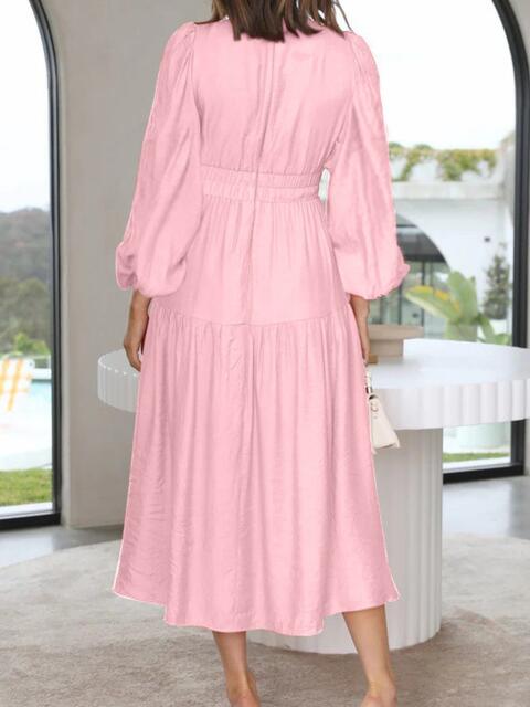 Deep V-Neck Balloon Sleeve Plain Maxi Dress - Ladyez