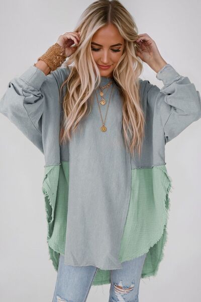 Contrast Texture Round Neck Long Sleeve Blouse - Ladyez