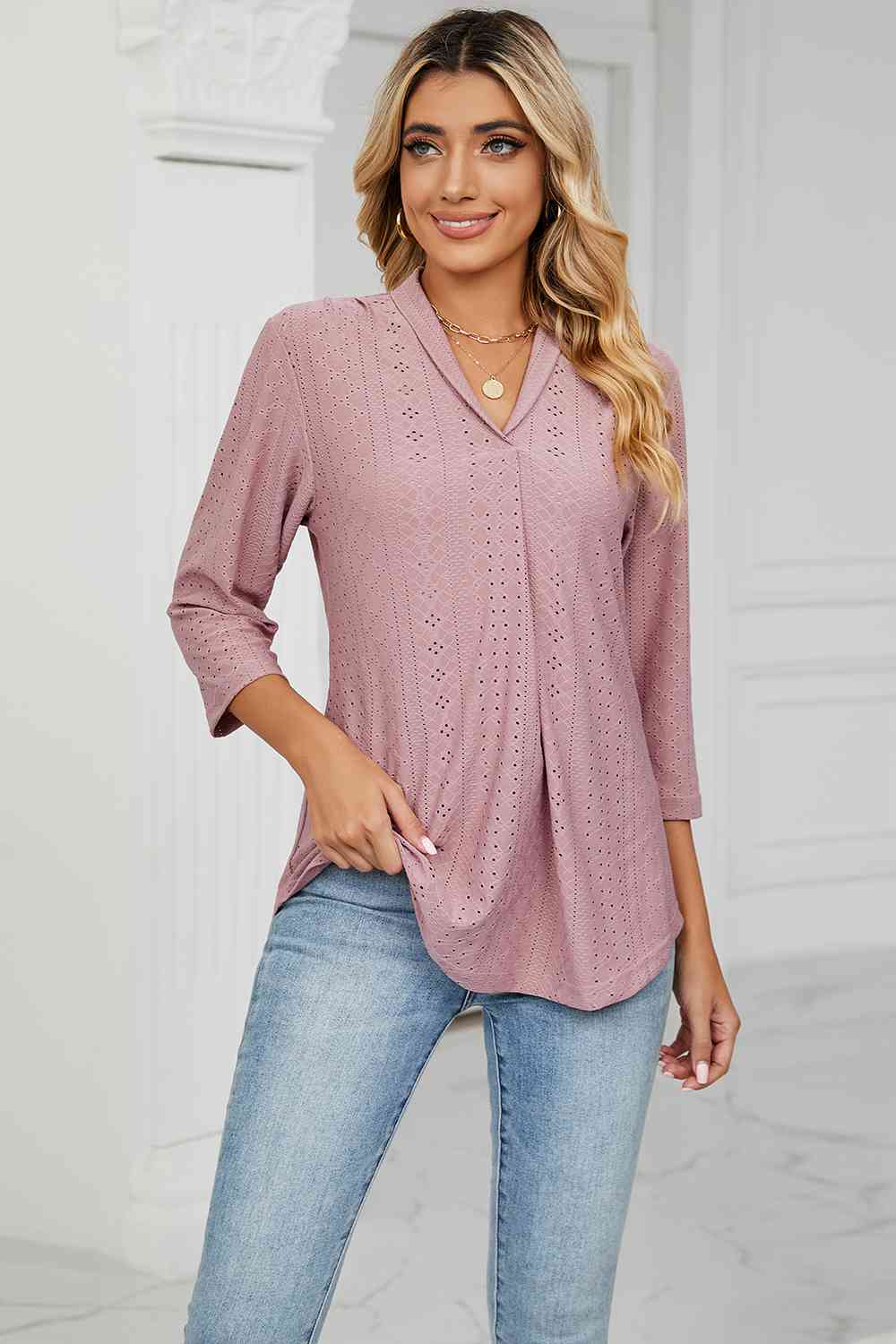 Eyelet Three-Quarter Sleeve Blouse - Ladyez